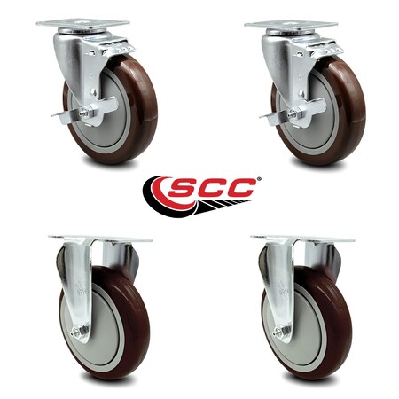 Service Caster 5 Inch Maroon Polyurethane Swivel Top Plate Caster Set with 2 Brake 2 Rigid SCC SCC-20S514-PPUB-MRN-TLB-TP2-2-R-2